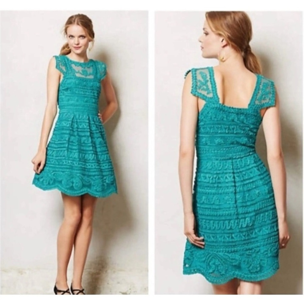 NWT Yoana Baraschi - Anthropologie Teal Lace  Mini Dress Size 6 Embroidered